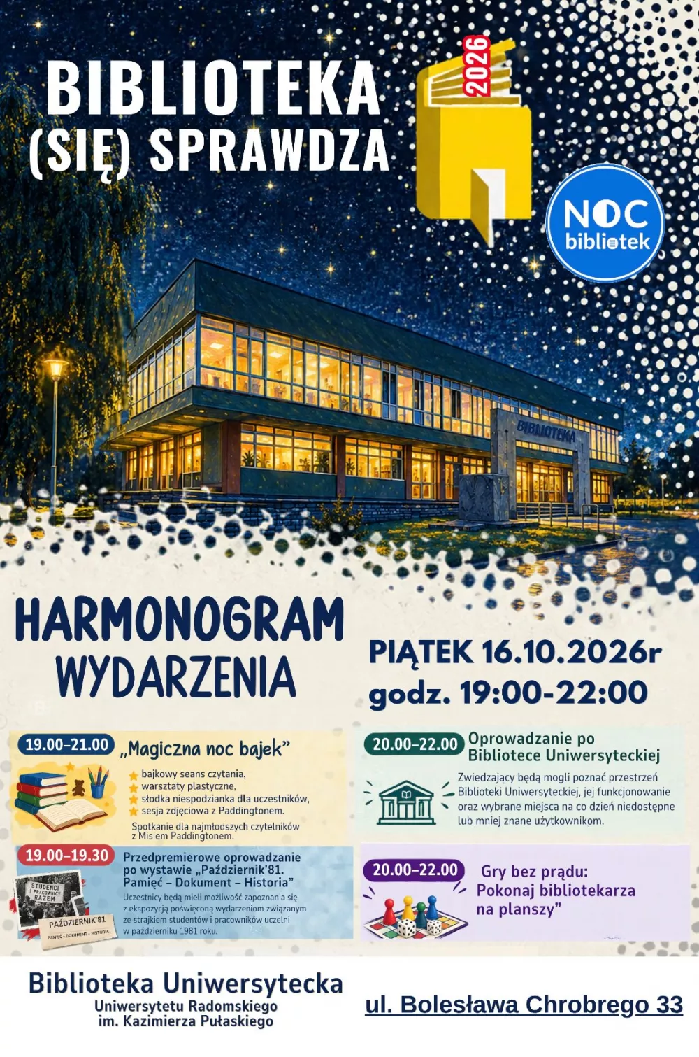 Plakat Nocy Bibliotek 2026 w Bibliotece Uniwersyteckiej w Radomiu